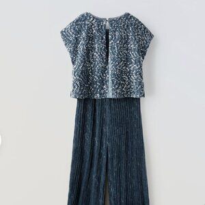 ZARA Kids Girls Sequin Velour Velvet Jumpsuit Size 7 years in teal